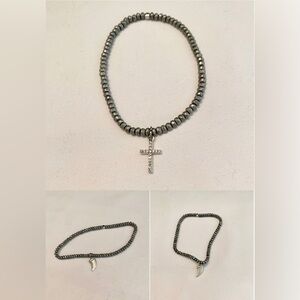 SET OF 2 TAI Gunmetal Gray Small Bead Bracelets Crystal Horn & Cross